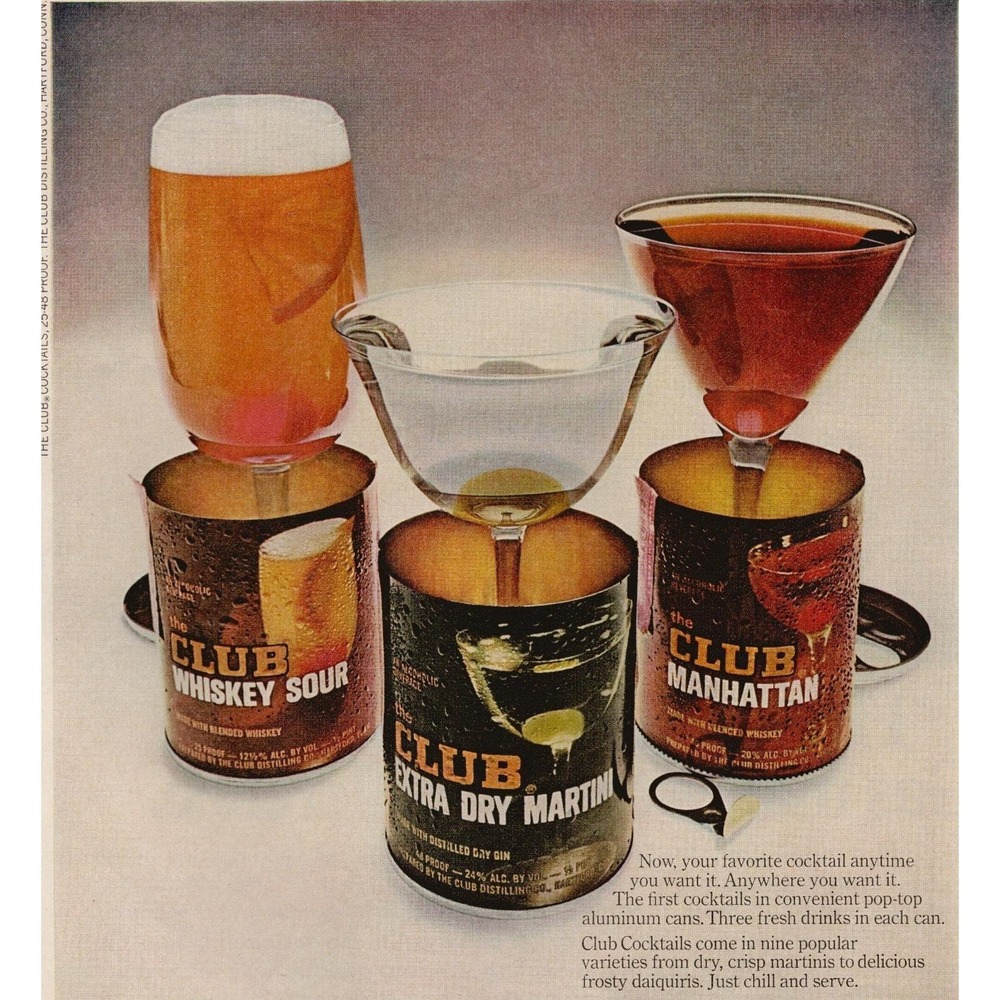 1969 The Club Vintage Print Ad Cocktails Whiskey Sour Manhattan martini Retro